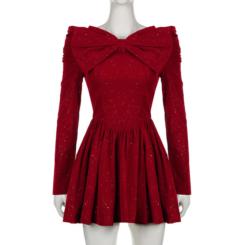 Aline Pleated Dress for Party Holiday Red Christmas New Year Ball Gown Mini Dresses Bow Slash Neck Robe