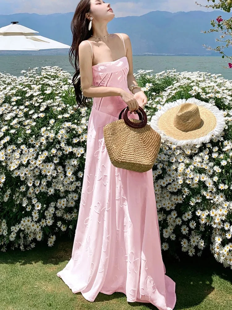 Sweet Pink Long Dresses Spaghetti Strap Laceup Princess Evening Party Dress Summer Holiday Aline Vestidos Robe