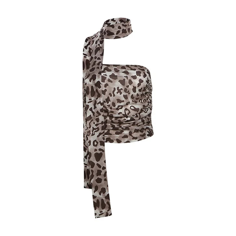 Tulle Leopard Print Top With Bandeau Off-the-shoulder Straight-cut Neckline Summer for Summer Blouse