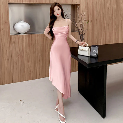 Summer New Swinging Neck Acetic Acid Strap Open Back Dress Summer Dopamine Pure Desire French Impossible Long Dress