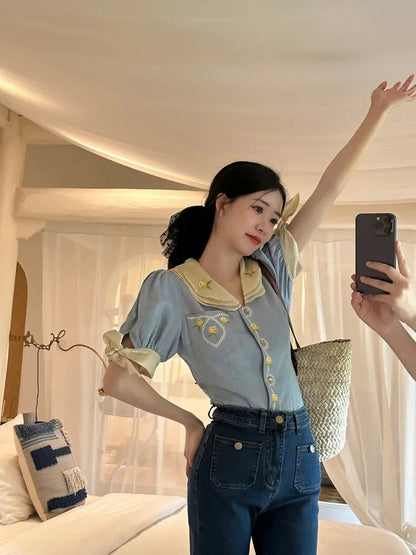 Blue Embroidered Shirts Lapel Sweet Temperament Blouses Y2k Clothing New Korean Blusa Mujer Moda