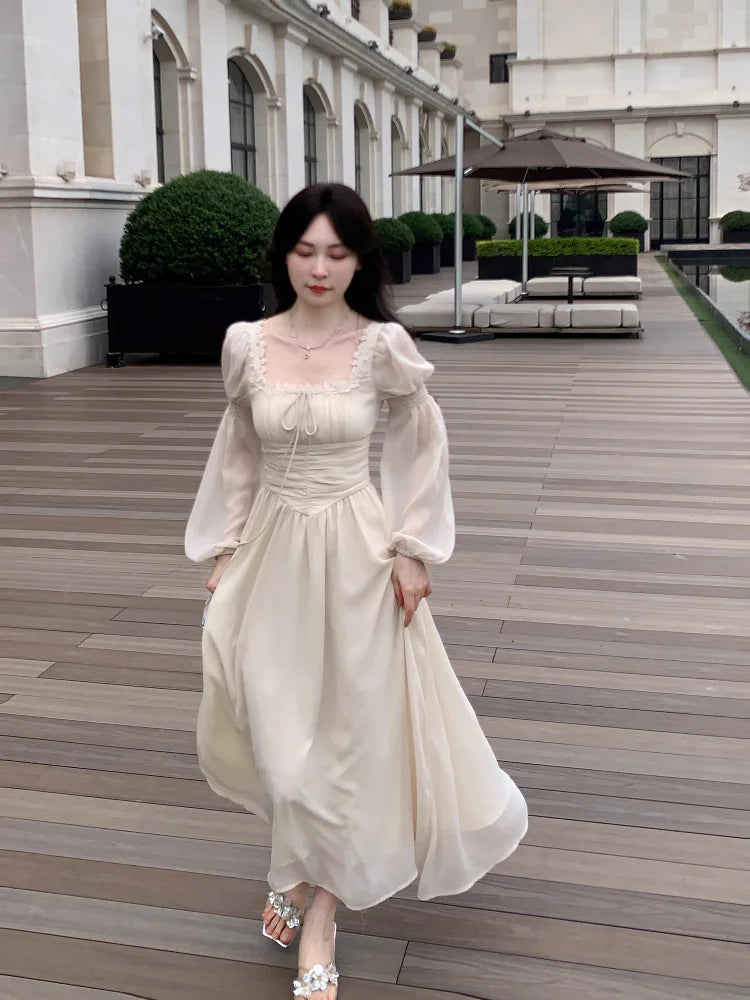 French Lantern Sleeve Lace Up Midi Dress Summer Square Neck Evening Party Prom Robe Female Vestidos Mujer Autumn
