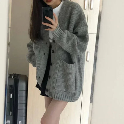 Autumn Winter Cardigan Sweater Coats Female Long Sleeve V-neck Loose Knitted Jackets Sweater Cardigans