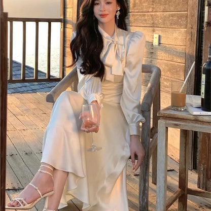 Stain Midi Dresses for Long Sleeve Oneck Bow Tie Aline Korean Vestidos Folded Design Party Prom New