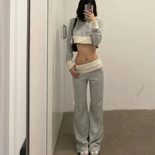 Korean Long Sleeve Hoodie Knitted Coat + Y2k Grunge High Waist Loose Wide Leg Pants Spring New Two Piece Sets