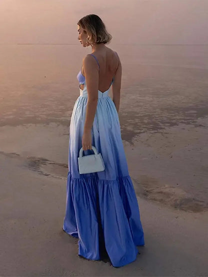 Pleated Hollow Out Long Dress for Patchwork Sleeveless Backless Dresses Vacation Lady Evening Party Robe