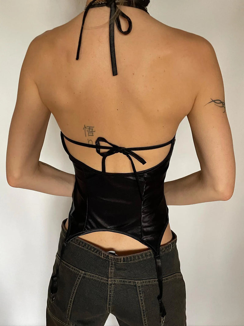 Skinny Pu Spliced Satin Rivet Design ��s Camisole Tops Retro Gyaru Darkly Punk Blouses
