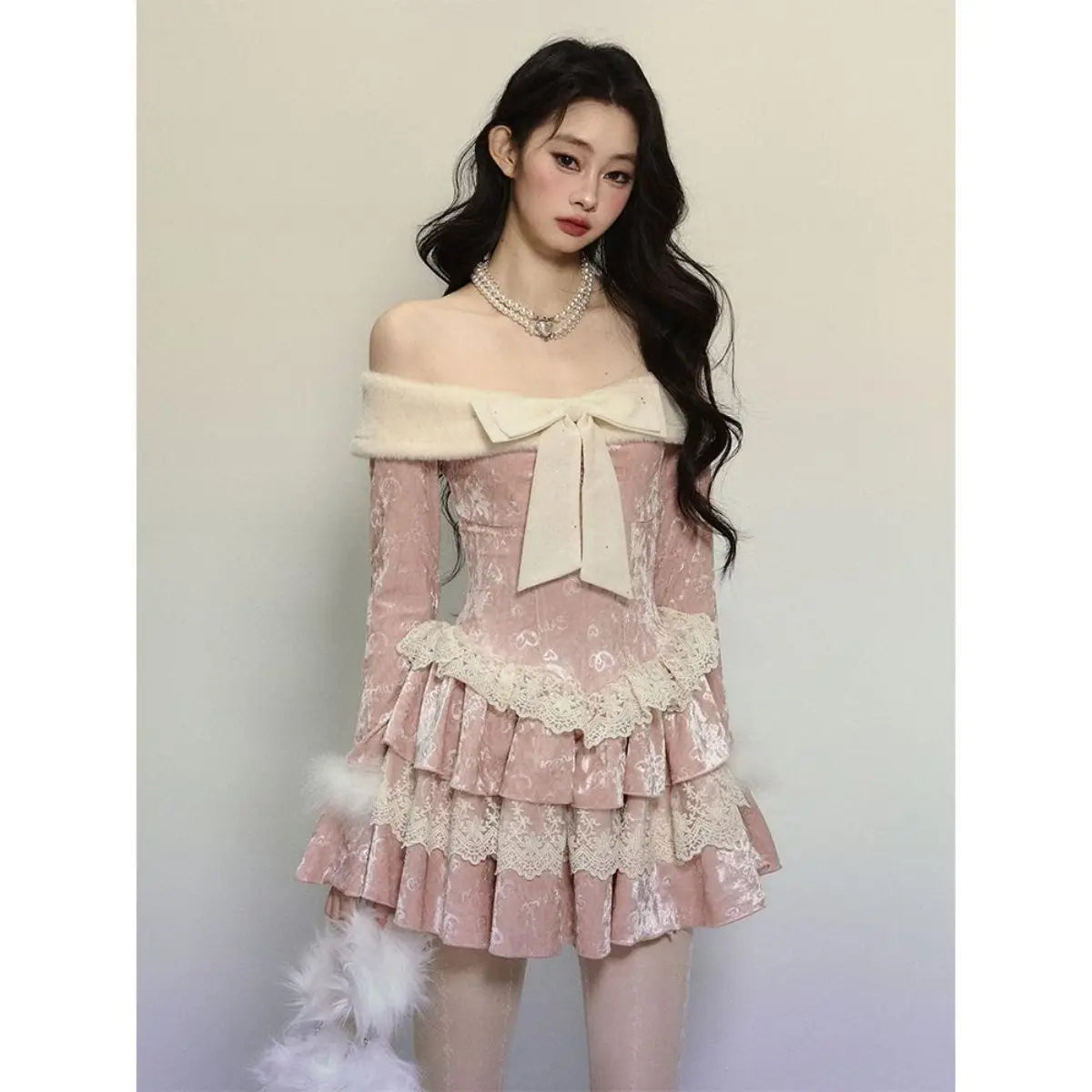 Off Shoulder Long Sleeve Butterfly Knot Velvet Pink Dress for Winter New Retro Waist Slimming Lace Cake Mini Dress