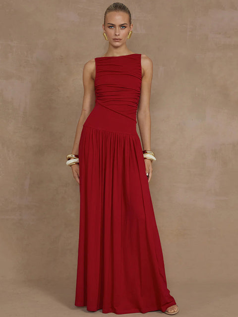 Sleeveless Maxi Dress for Boat Neck Tank Dresses Ruched Long Dress New Gown