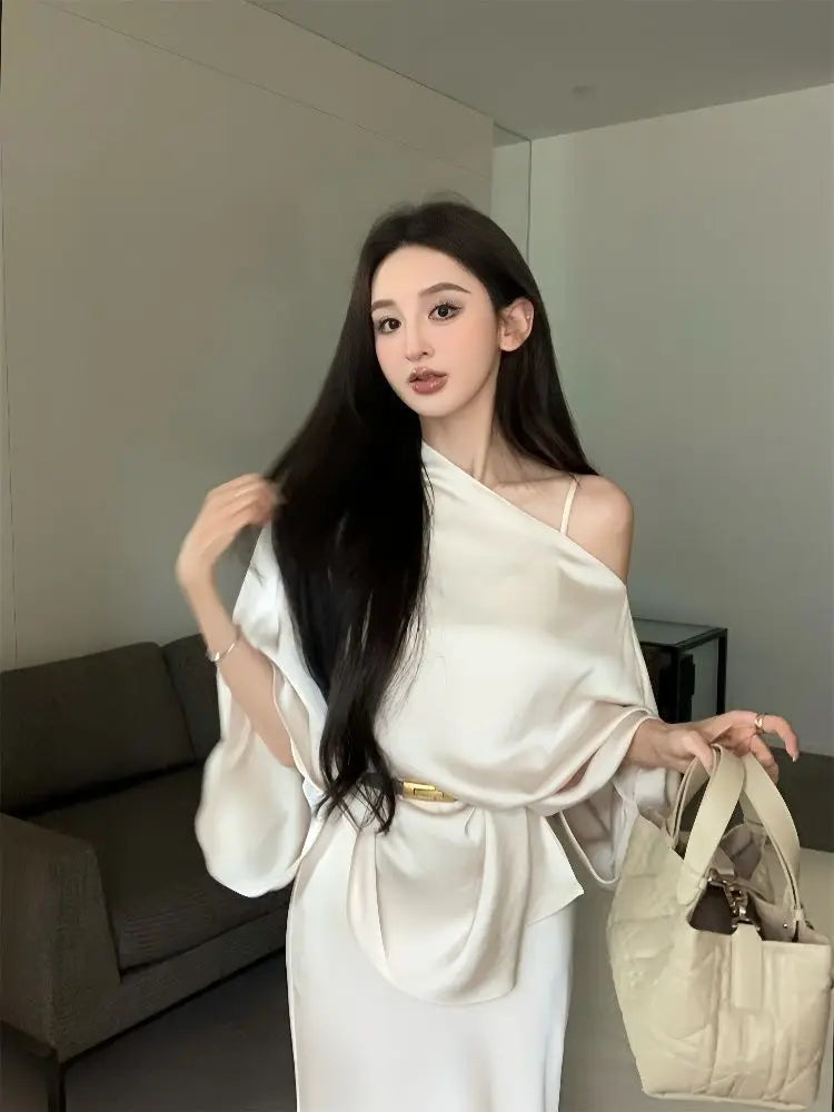 French Style Fish Tail Dress Set Slimming Strap Camisole Long Dress Summer New Slant Shoulder Top Two Piece Set Outfits