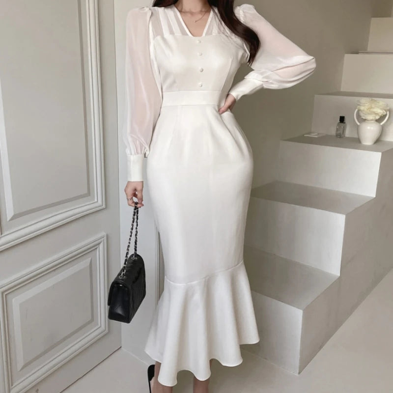 Autumn New Korean Bodycon Midi Dresses for Mesh Patchwork Long Sleeve Fishtail Office Lady Mermaid Party Dress