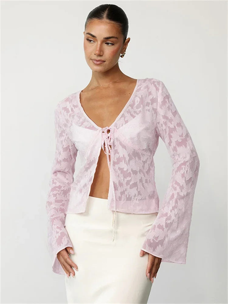 Lace Printed See-through T-shirt Cardigan Top Female Lace-up Patchwork Cropped Y2k Top Tee ’s Bandage Top