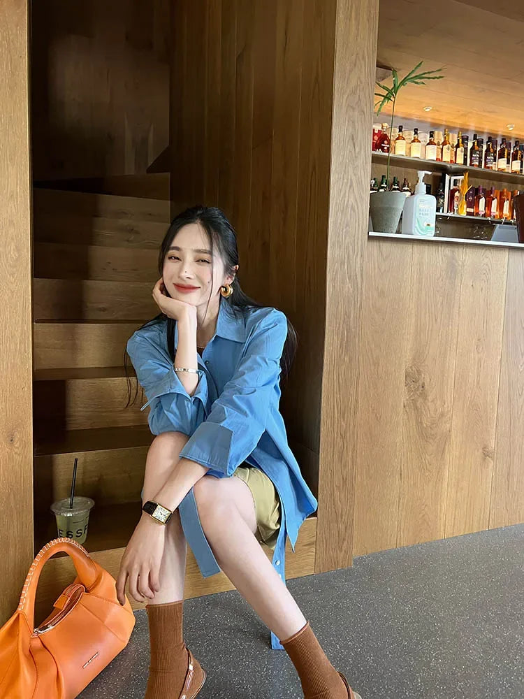 Shirts Tie Long Sleeve French Tops Loose Shirt Button Blouses for Autumn Blue Cotton Top