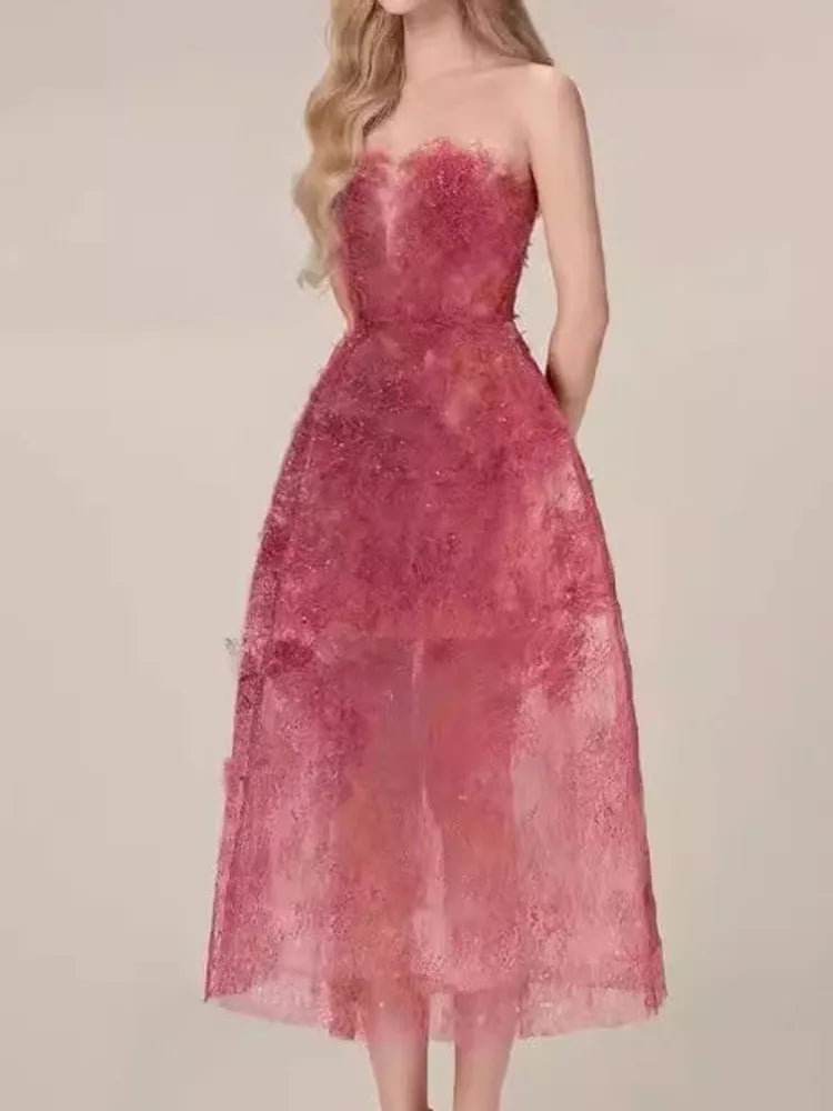 Korean Style 3d Flower Sequin Lace Strapless Dress Multi-color Mesh Long Dresses New Spring Summer A7877