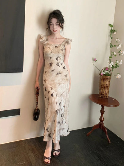 Summer French Midi Dress Office Lady Y2k Causal Retro Party Dress Korean Print Slim Dress New