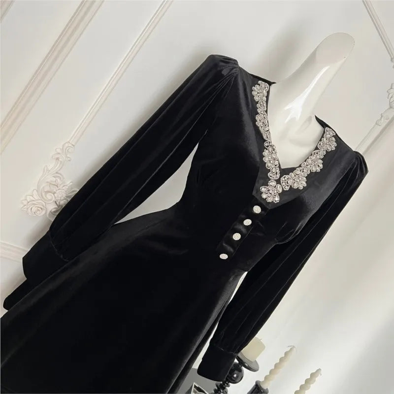 Evening Party Dresses Black Velvet Mini Dress Vneck Long Sleeve Aline French Autumn New Prom Vestidos Mujer