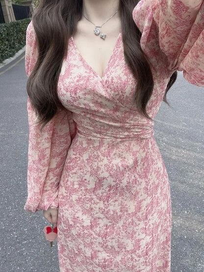 Long Sleeve Printed Midi Dress Woman Ol Dress Korean Autumn Beach Evening Party Dress Female