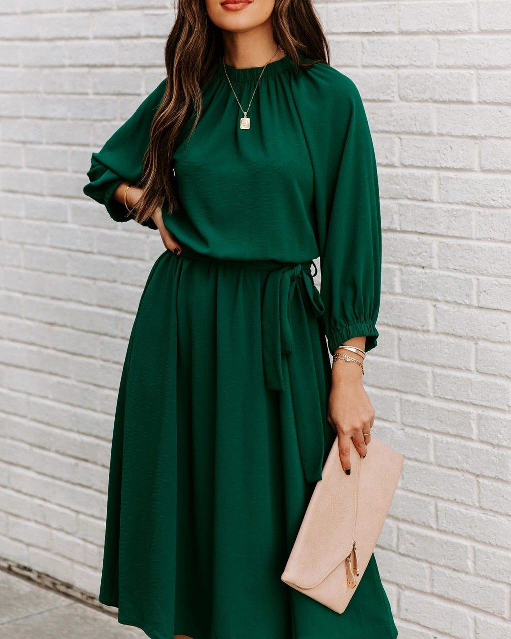 Office Dress Formal Loose Green Long Sleeve Belt A-line Midi Dresses