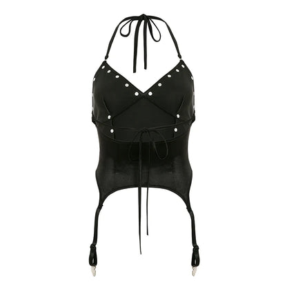 Skinny Pu Spliced Satin Rivet Design ��s Camisole Tops Retro Gyaru Darkly Punk Blouses