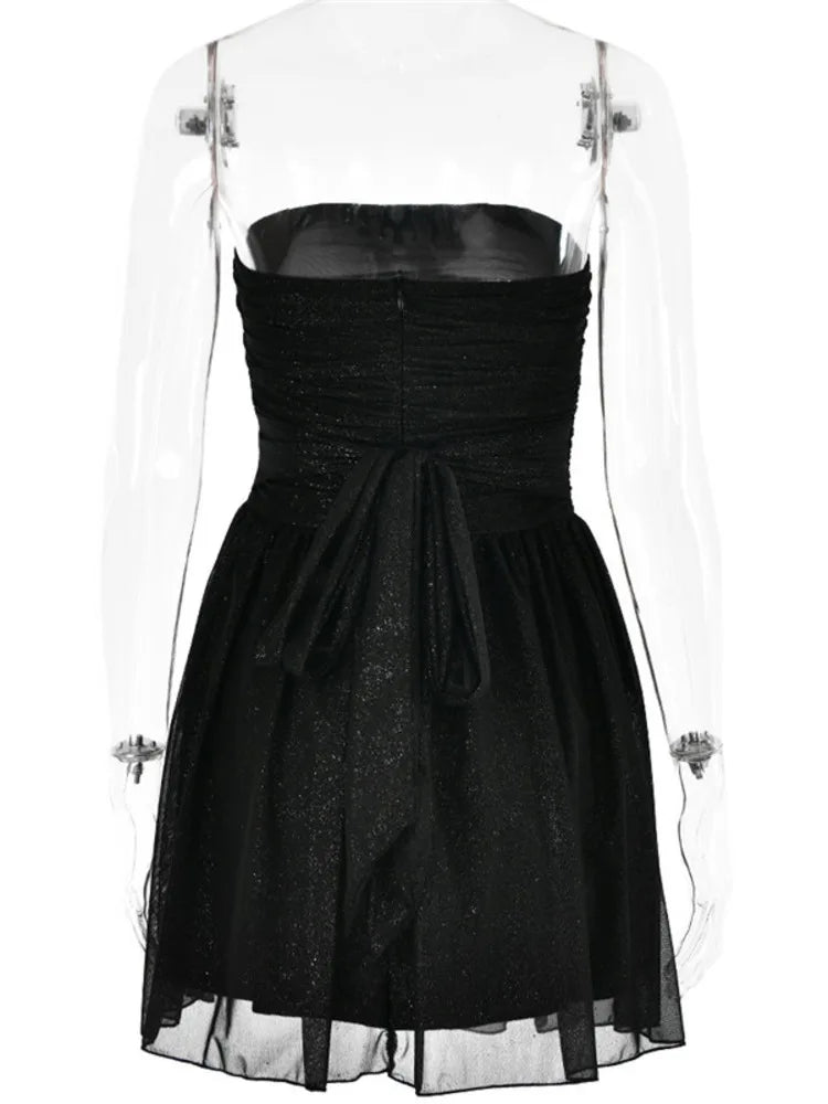 Strapless Mini Dress Black Off-shoulder Backless Pleated Sequins Sparkle Club Party Dress