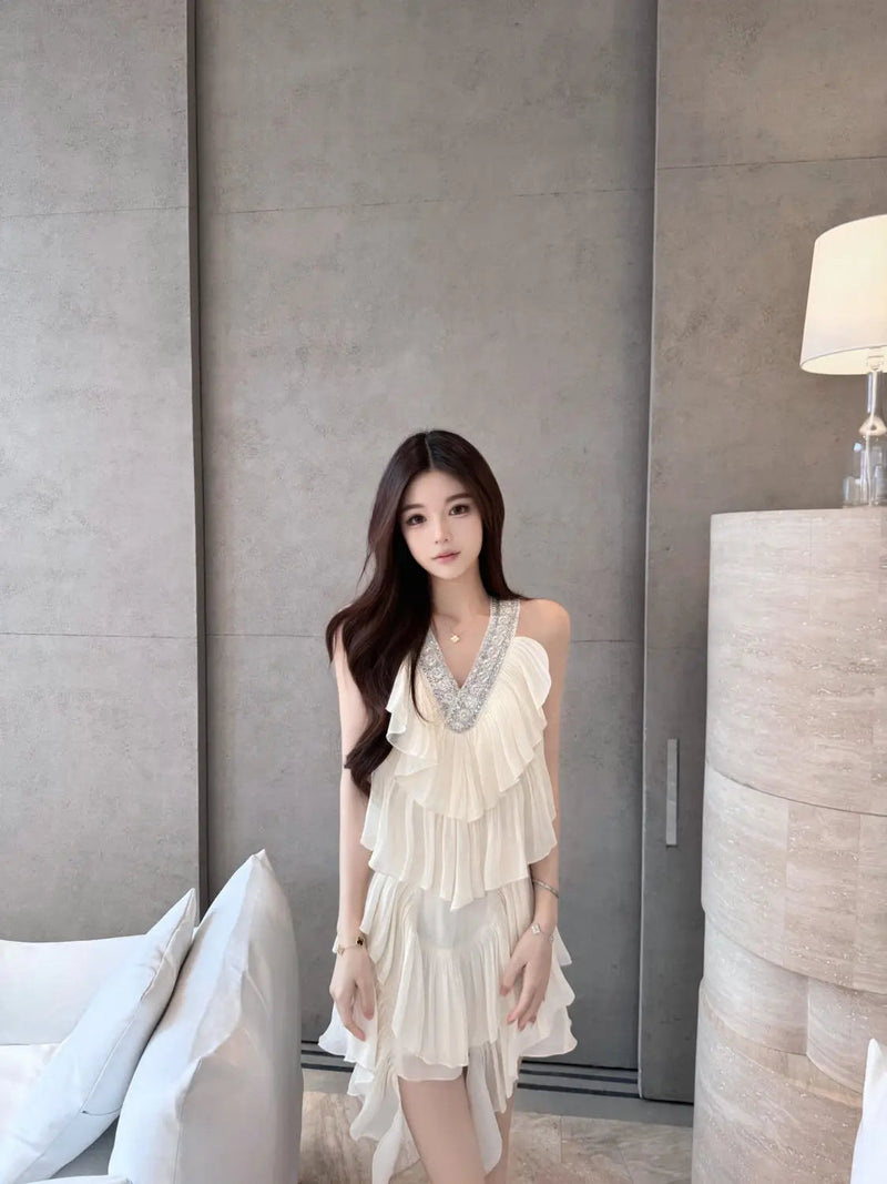 Spicy Girl Vcollar Ruffle Edge Sleeveless Halter Dress for Summer French Beach Style Loose Sweet Aline Midi Dress