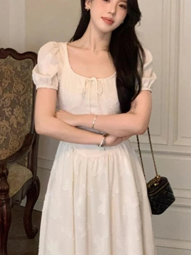 Midi Dresses for Summer New Puff Sleeve Square Collar A-line Birthday Party Dress Korean One Piece Vestido