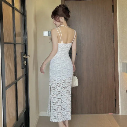 Sweet Hot Girl Lace Patchwork Strap Dress Autumn Mesh Flower Hollow Long Dress Female Clothes