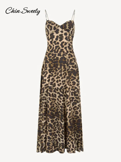 Y2k Leopard Print Suspender Long Dresses Slim Sleeveless Backless A-line Party Dress Summer Lady Robes _new