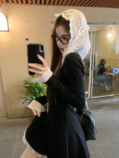 Black Mini Dress for Lace Hooded Long Sleeve Aline Dress French Style Spring Autumn Dress
