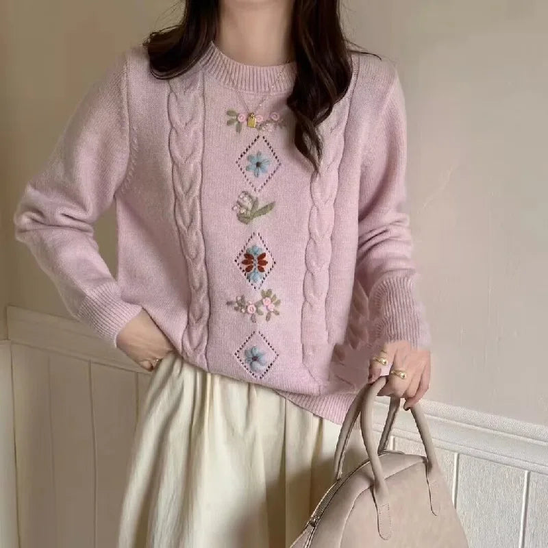 Korean Style Embroidery Sweater Round Neck Knitted Pull Femme Autumn Winter Clothes Warm Pullover