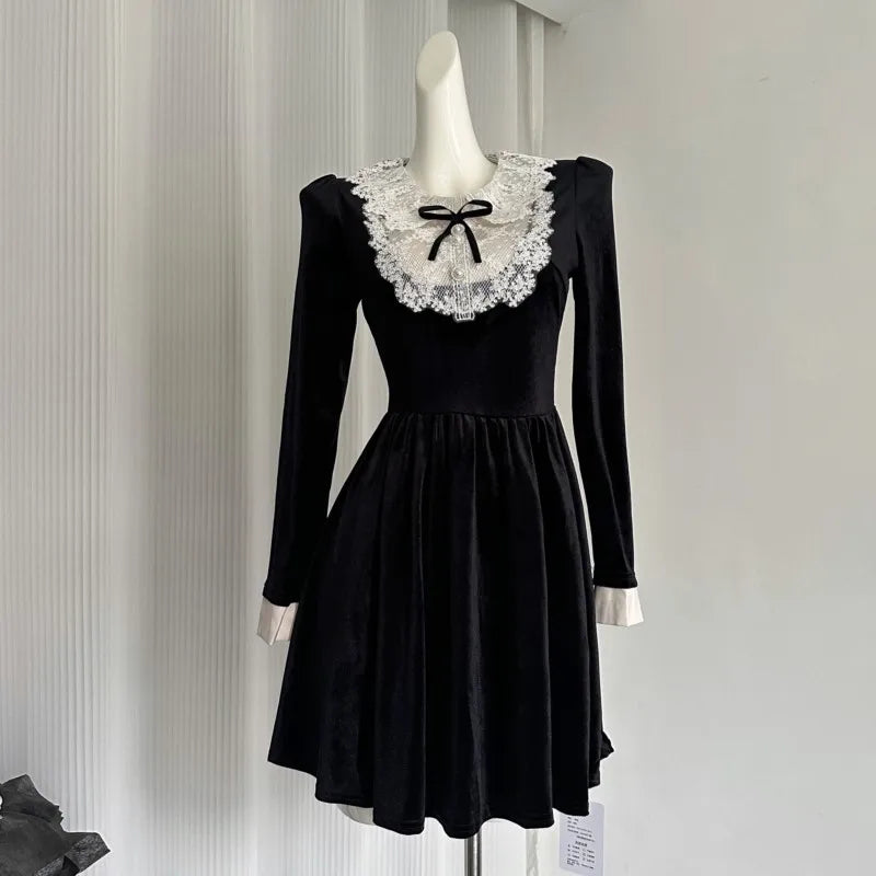 French Princess Evening Party Dresses Lace Patchwork Velvet Mini Dress A-line Korean Autumn Vestidos Mujer