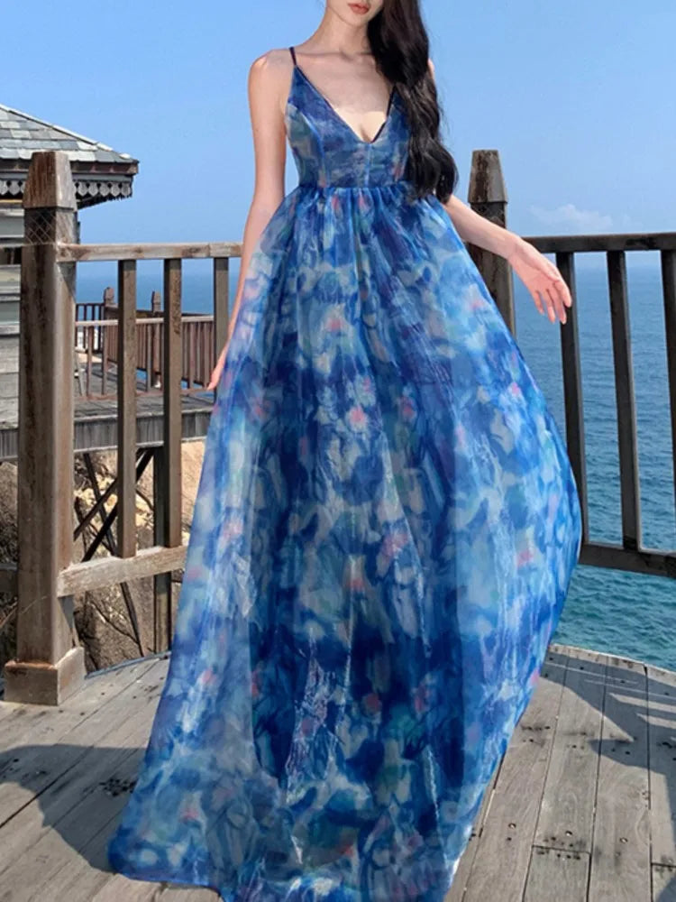 Summer Print Midi Dress Sleeveless Aline Maxi Vestidos Female Backless Long Robe New