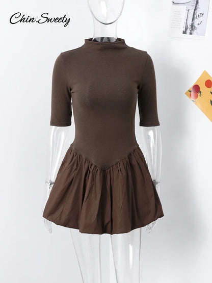Knitted Patchwork Brown A-line Dress O-neck Short Sleeves Pleated Ruffles Mini Dresses Lady Vestidos
