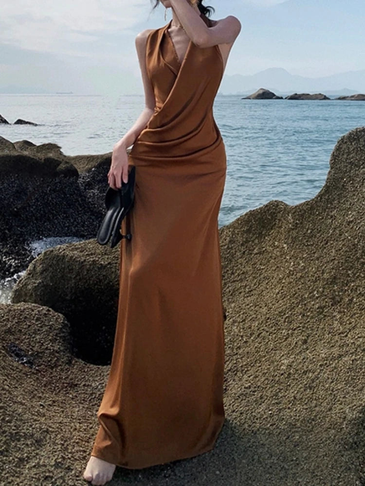 Spring Summer Halter Midi Dress Sleeveless Party Beach Long Vestidos Female Bodycon Slim Robe