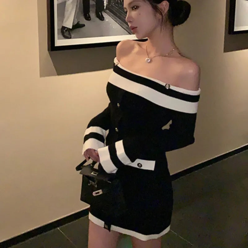 Slash Neck Knitted Dress Long Sleeve Bodycon Mini Dresses Korean Autumn Winter New Slim Vestidos