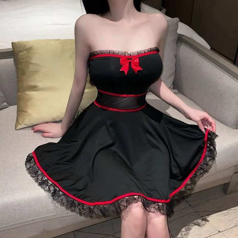 Dresses Lace Patchwork Bow Strapless Slim Backless See Through Clubwear Mini Dress