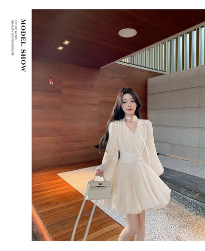 Vneck Flare Sleeve Aline Mini Dress Pleated Chiffon Temperament Birthday Prom Femme Vestido Mujer New Autumn