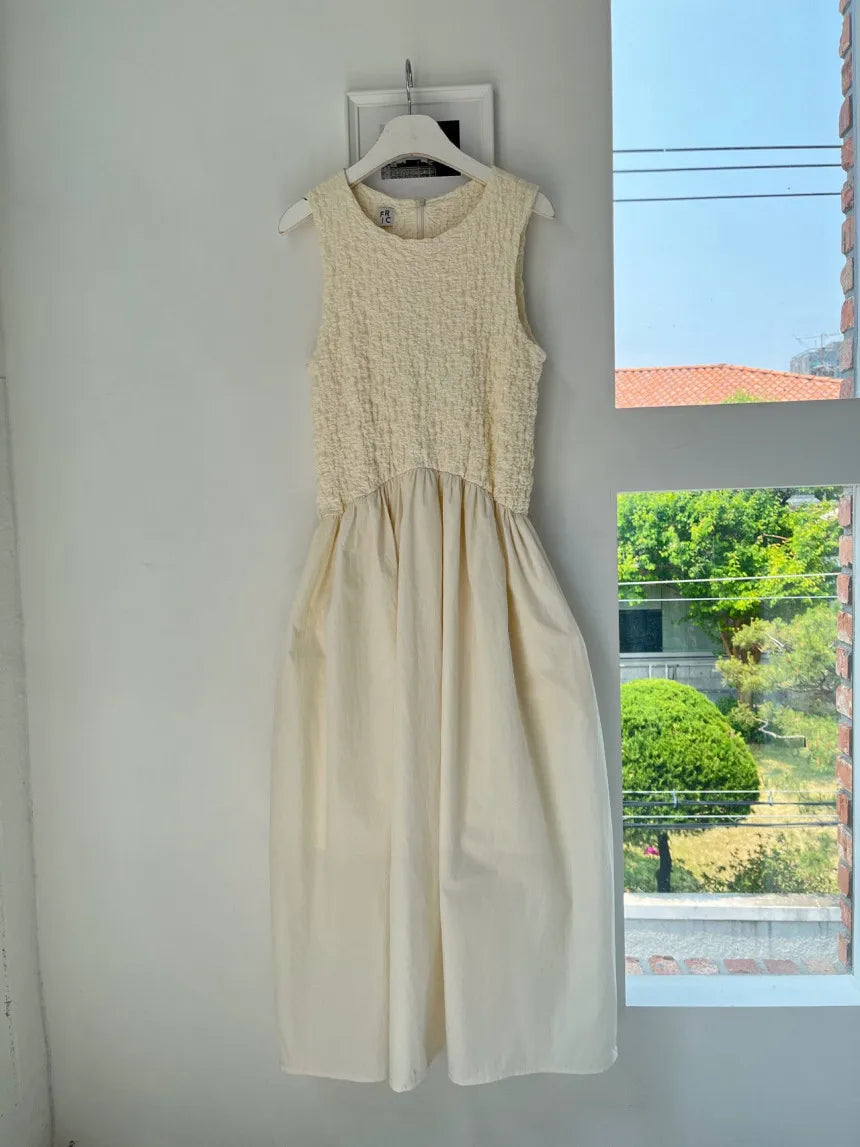 Long Dress Korean Summer Design Round Neck Pleated Texture Slim Fit Sleeveless Vest Vestidos