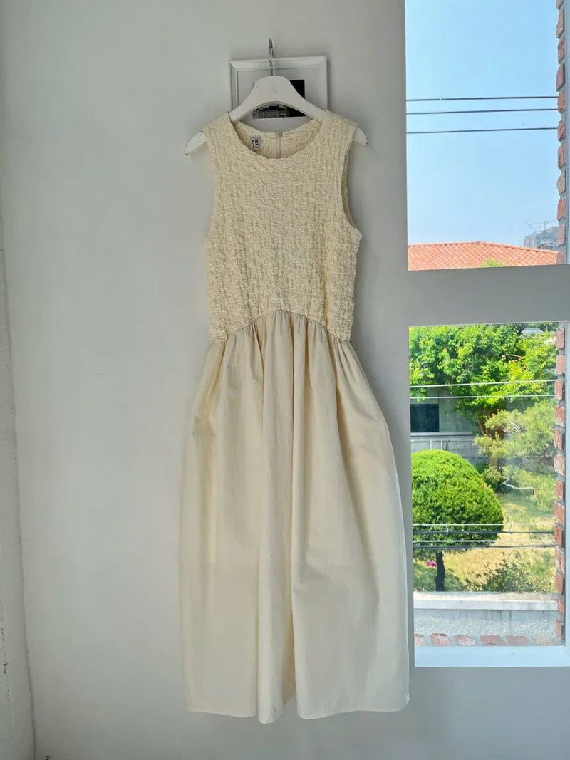 Long Dress Korean Summer Design Round Neck Pleated Texture Slim Fit Sleeveless Vest Vestidos