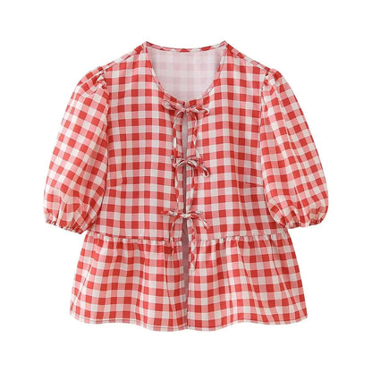 Summer Printed Cropped Shirts Top Puff Short Sleeves Round Neck Blouse Female Laceup Tshrit