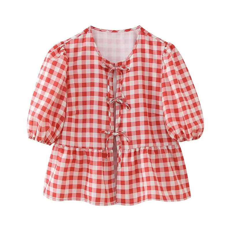 Summer Printed Cropped Shirts Top Puff Short Sleeves Round Neck Blouse Female Laceup Tshrit