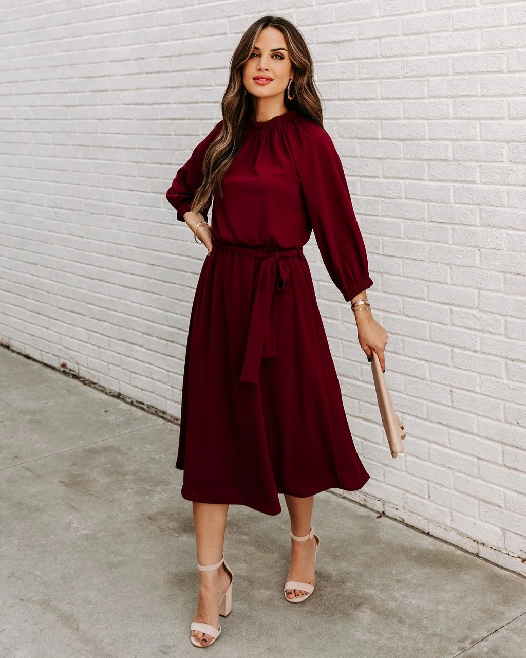 Office Dress Formal Loose Green Long Sleeve Belt A-line Midi Dresses