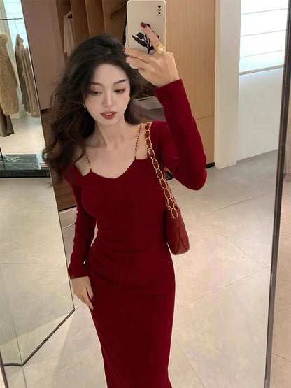 Bodycon Slim Midi Dress French Chain Spaghetti Strap Wedding Party Birthday Evening Prom Robe Sheath Clothing
