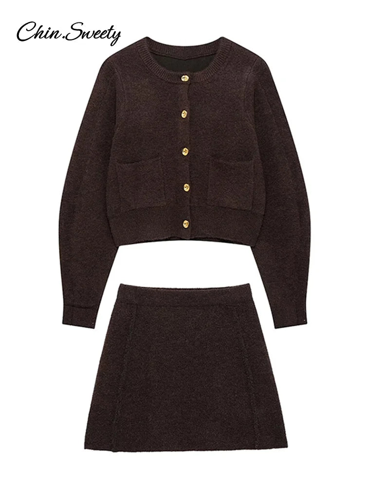 Brown Skirt Suits Knitted O-neck Long Sleeve Metal Button Cardigan High Waist A-line Mini Skirts Spring Lady Outfit