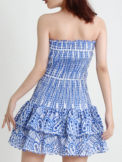 Embroidery Cut Out Woman Mini Dress Strapless Off Shoulder High Waist Vestidos Female Clothing Summer 23a430