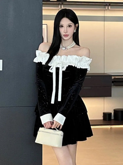 Velvet Dresses Off Shoulder Slash Neck Princess Birthday Party Mini Dress Spaghetti Strap Short Vestidos New