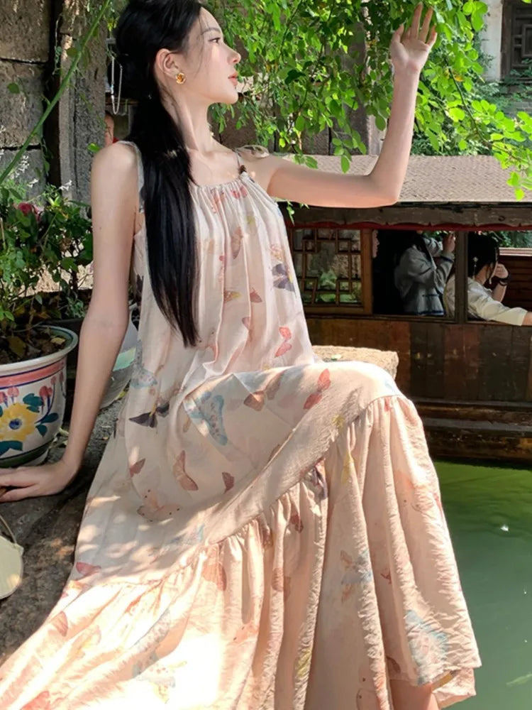 Butterfly Print Party Pleated Long Dress for Summer Club Beige Backless Bandage Slip Vestidos Robe