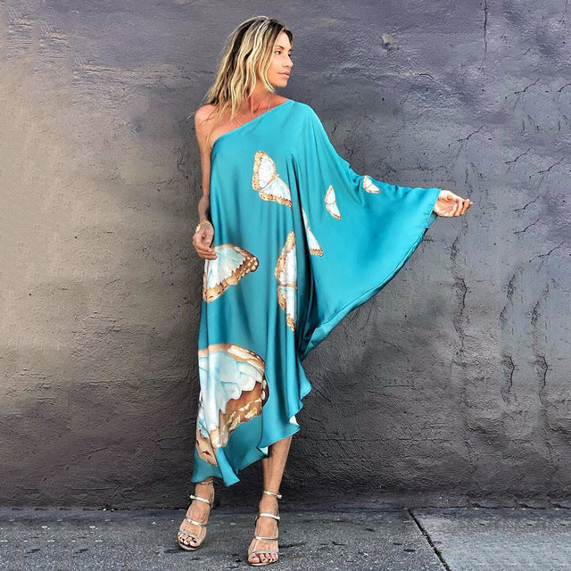 Color Butterfly Print One Shoulder Sleeve Dresses Off Shoulder Loose Beach Vacation Irregular Long Dress