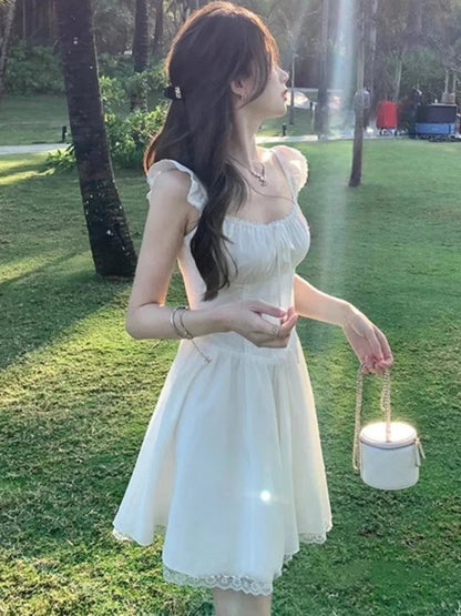 Sweet White Mini Dress Square Collar Sleeveless Laceup Birthday Party Dresses Summer Aline Short Vestidos