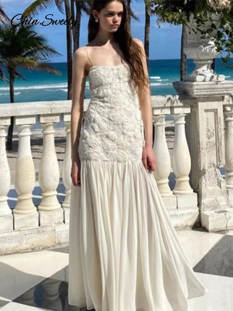 3d White Long Dress Patchwork Backless Pleated Party Evening Dresses Female Summer Lady A-line Robes